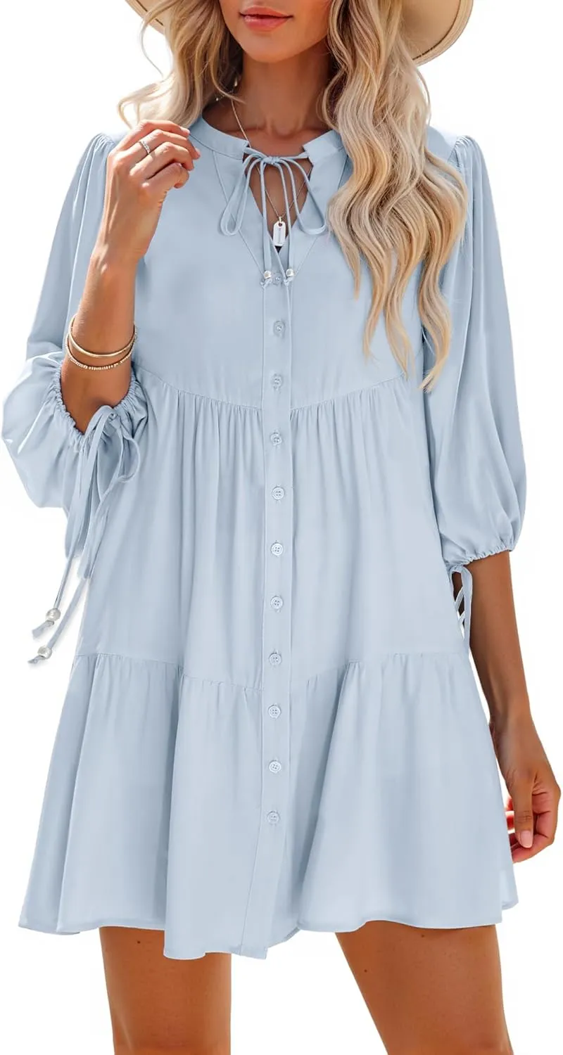 Summer Mini Dresses Casual V Neck Drawstring Button Down 3/4 Sleeve Boho Floral Flowy Beach Shirt Dress Pockets