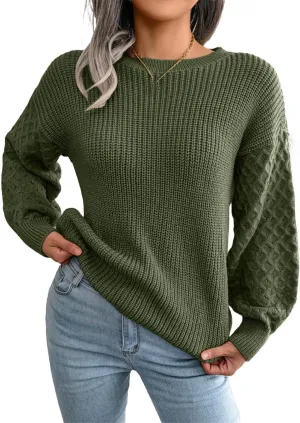 Sweater for Women Cable Knit Crew Neck Long Sleeves Casual Pullover Sweater Tops