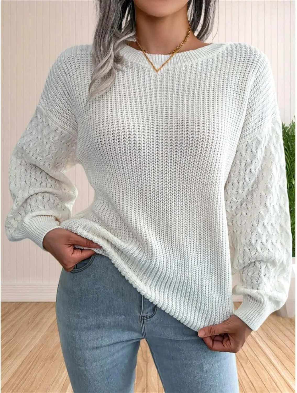Sweater for Women Cable Knit Crew Neck Long Sleeves Casual Pullover Sweater Tops
