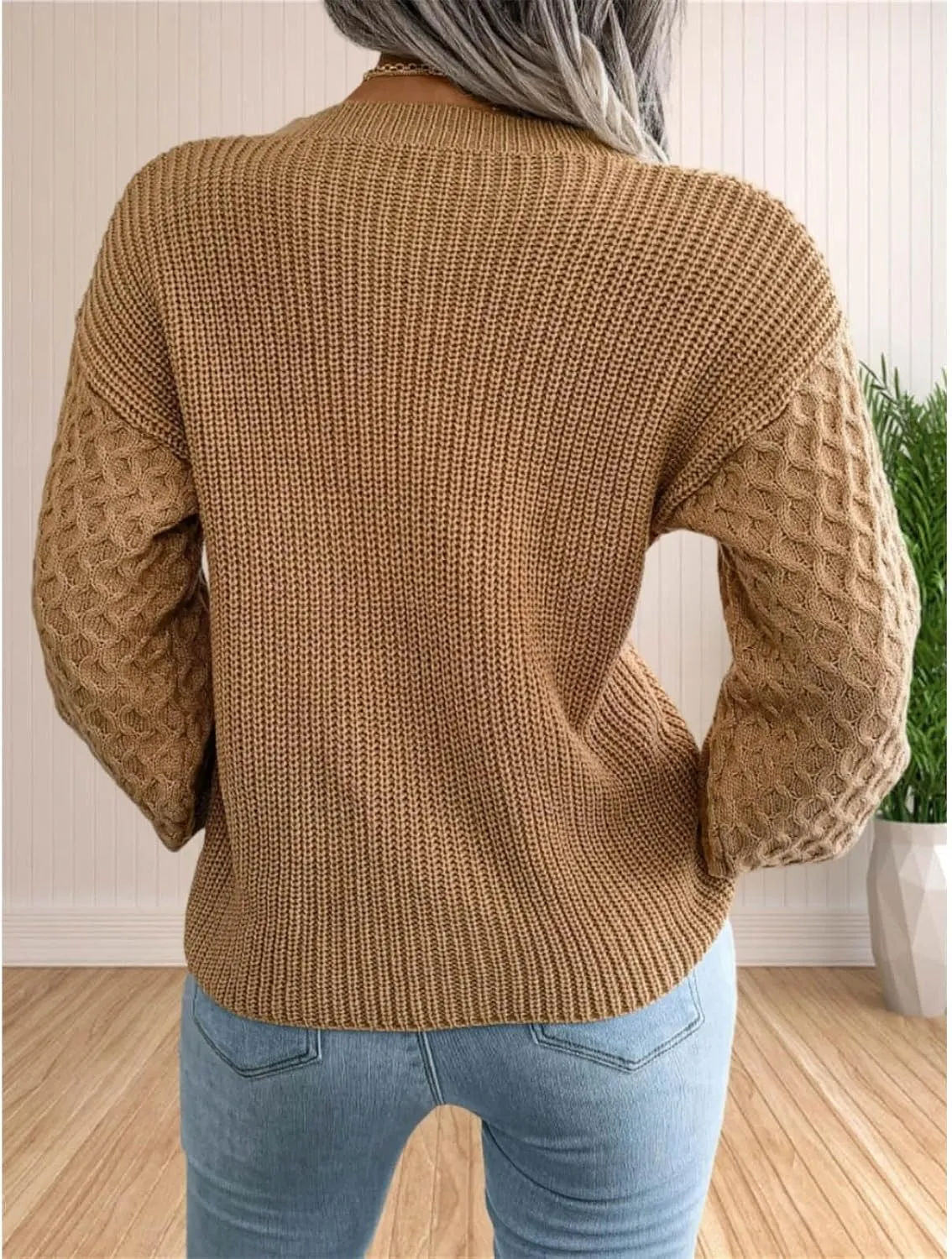 Sweater for Women Cable Knit Crew Neck Long Sleeves Casual Pullover Sweater Tops