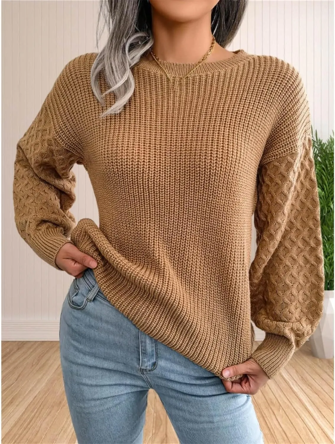Sweater for Women Cable Knit Crew Neck Long Sleeves Casual Pullover Sweater Tops