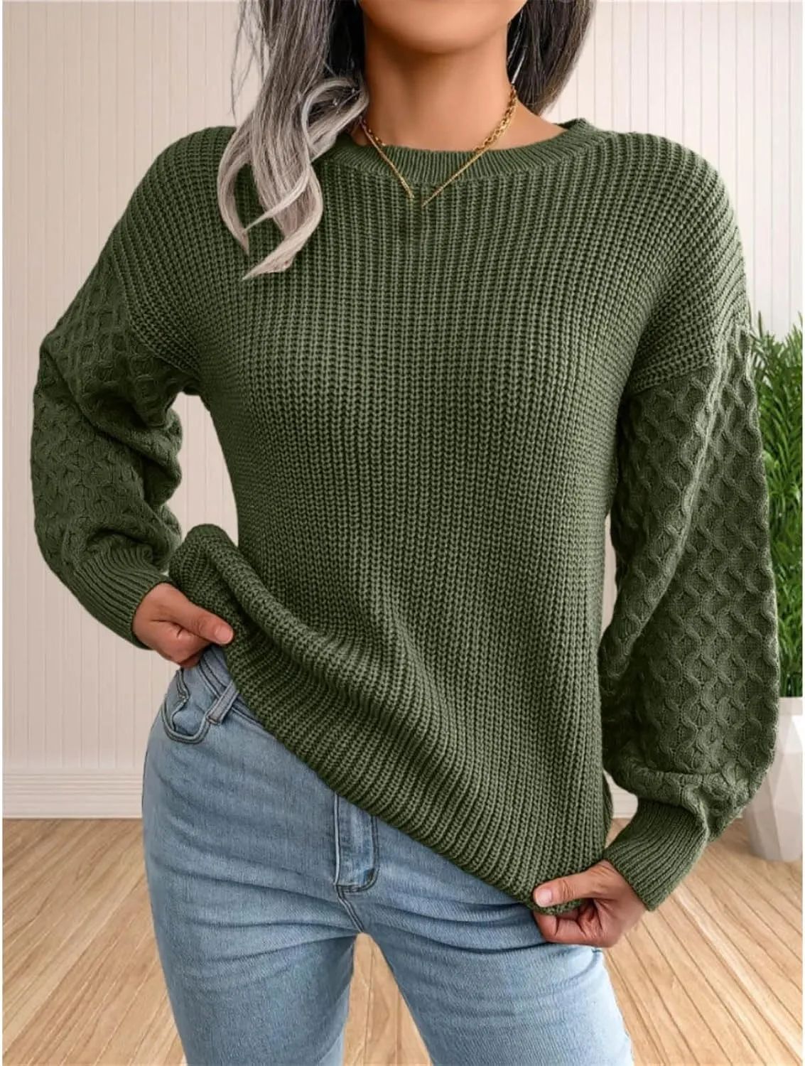 Sweater for Women Cable Knit Crew Neck Long Sleeves Casual Pullover Sweater Tops