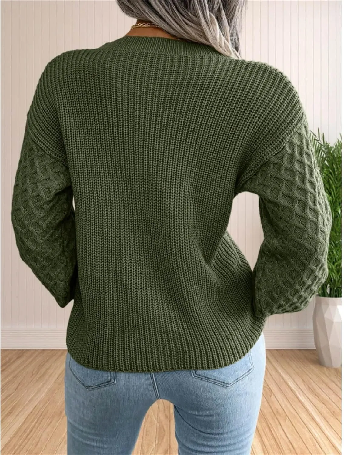Sweater for Women Cable Knit Crew Neck Long Sleeves Casual Pullover Sweater Tops