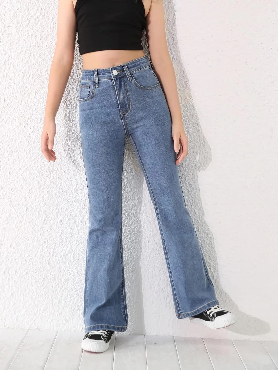 SweatyRocks Girl's Casual High Waist Solid Denim Pants Stretchy Flare Leg Jeans with Pocket
