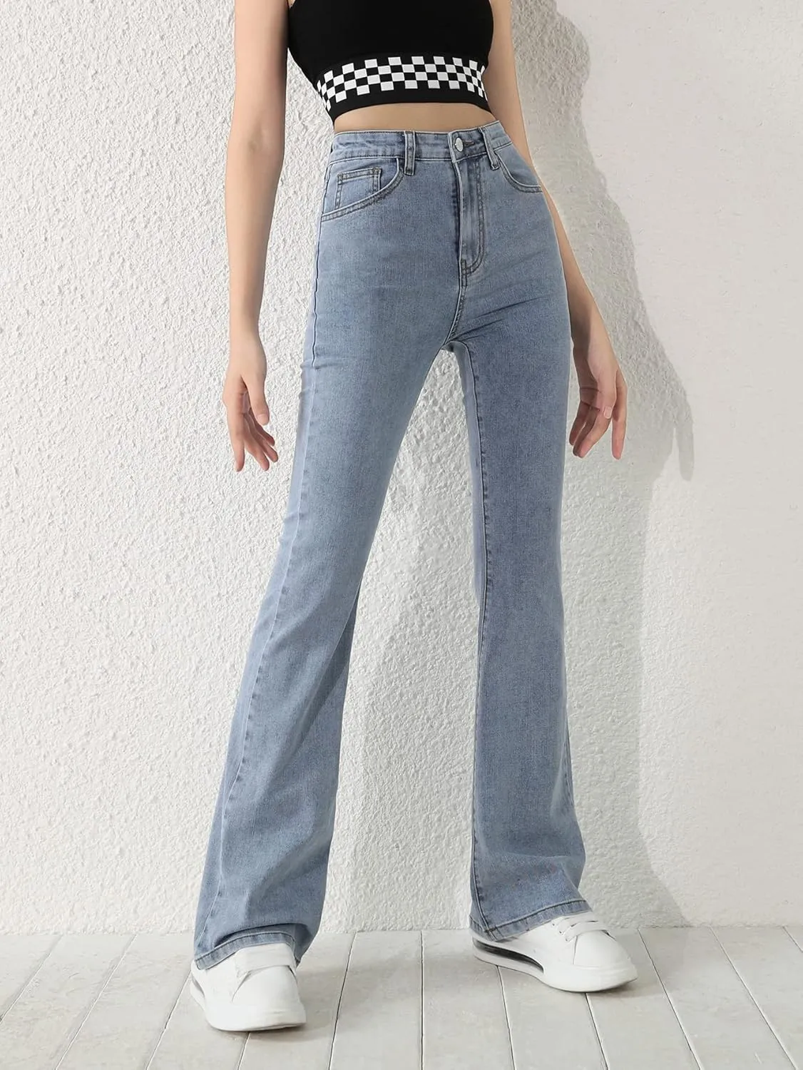 SweatyRocks Girl's Casual High Waist Solid Denim Pants Stretchy Flare Leg Jeans with Pocket