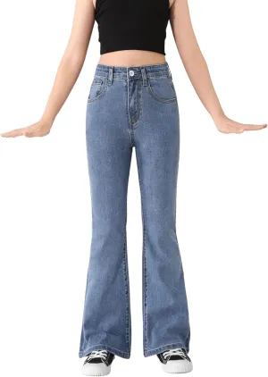 SweatyRocks Girl's Casual High Waist Solid Denim Pants Stretchy Flare Leg Jeans with Pocket