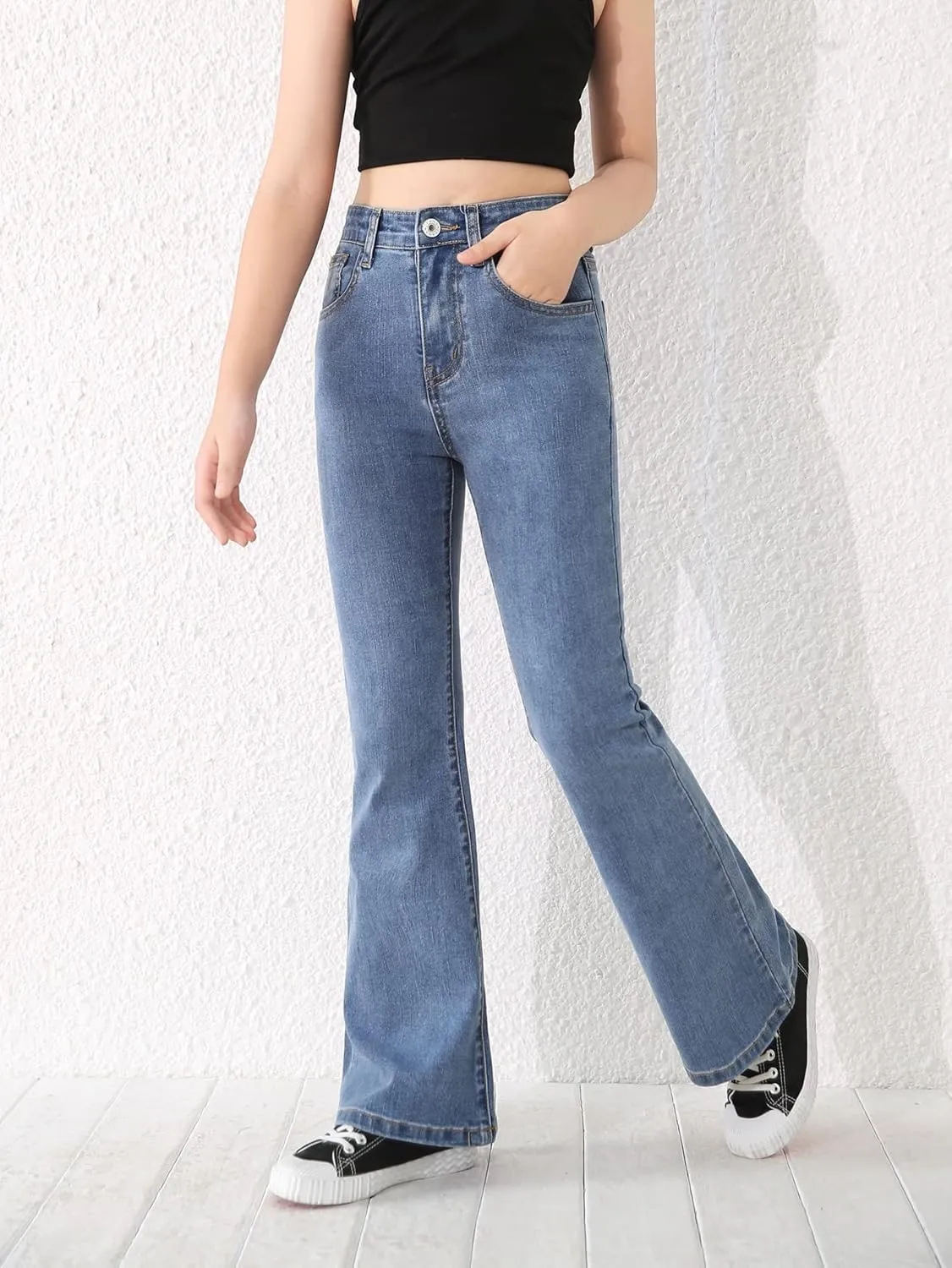 SweatyRocks Girl's Casual High Waist Solid Denim Pants Stretchy Flare Leg Jeans with Pocket