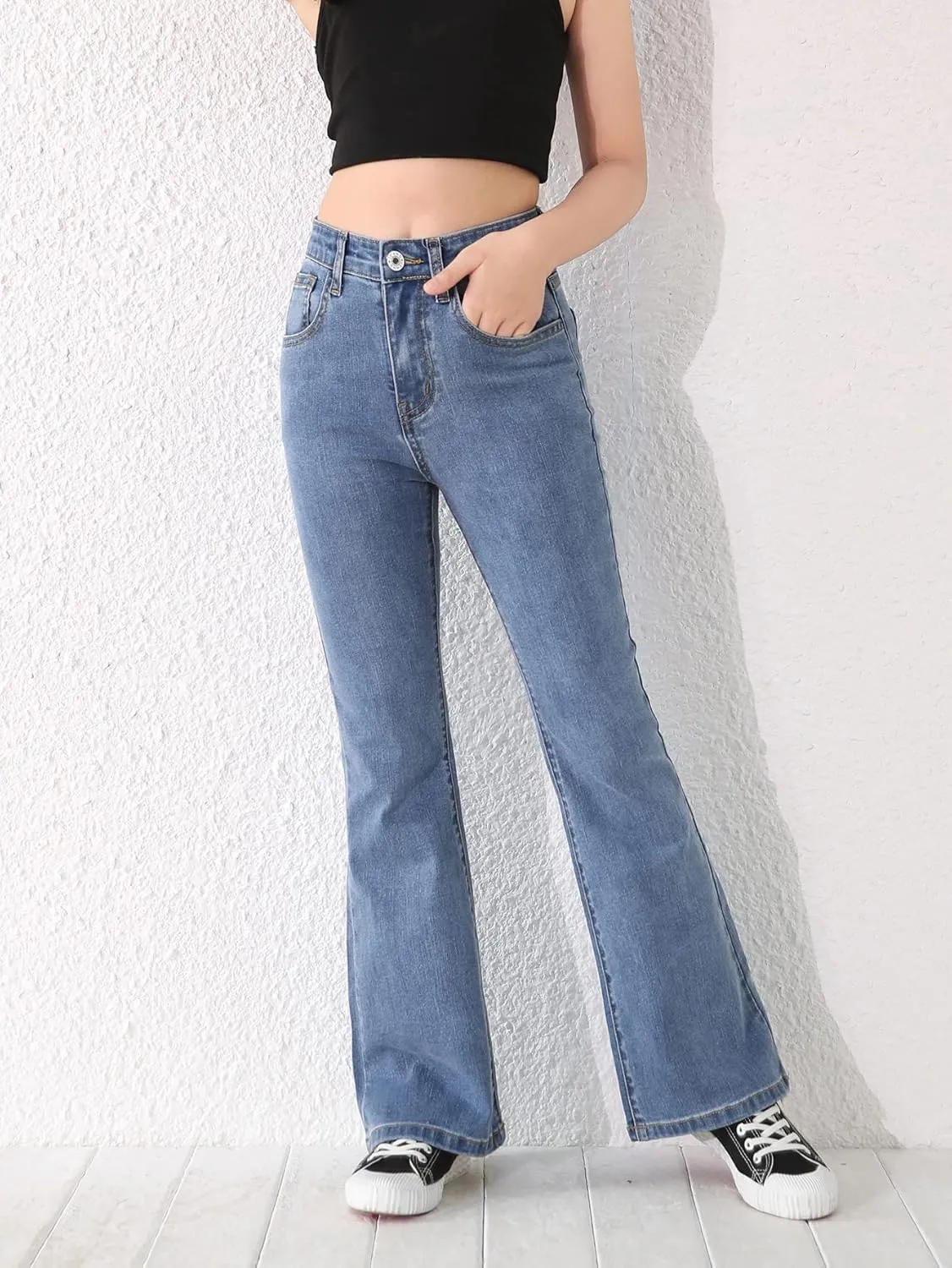 SweatyRocks Girl's Casual High Waist Solid Denim Pants Stretchy Flare Leg Jeans with Pocket