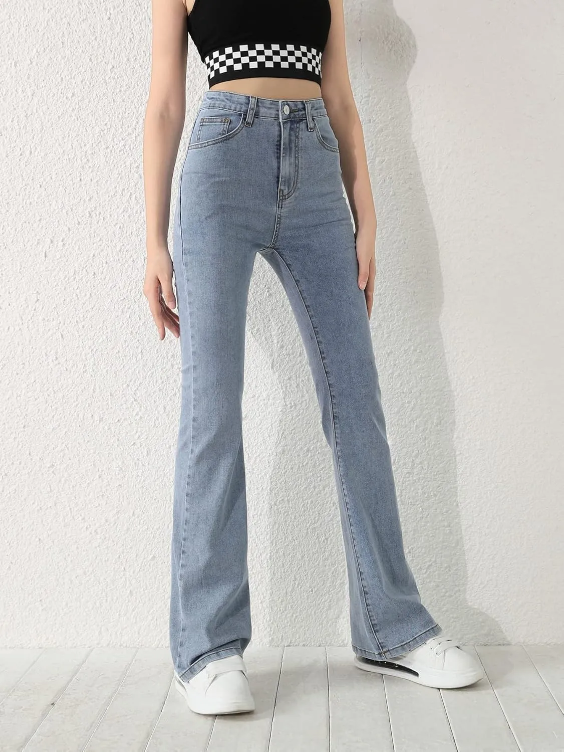 SweatyRocks Girl's Casual High Waist Solid Denim Pants Stretchy Flare Leg Jeans with Pocket