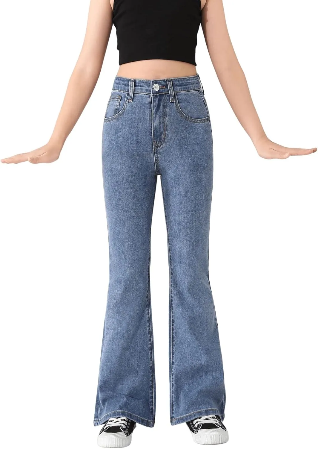 SweatyRocks Girl's Casual High Waist Solid Denim Pants Stretchy Flare Leg Jeans with Pocket