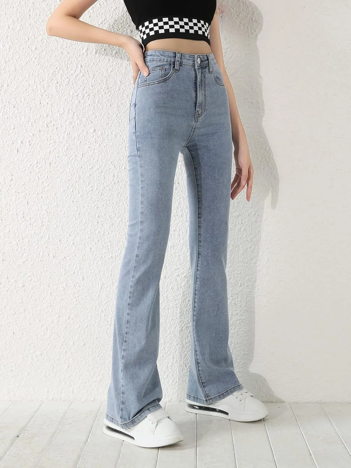 SweatyRocks Girl's Casual High Waist Solid Denim Pants Stretchy Flare Leg Jeans with Pocket