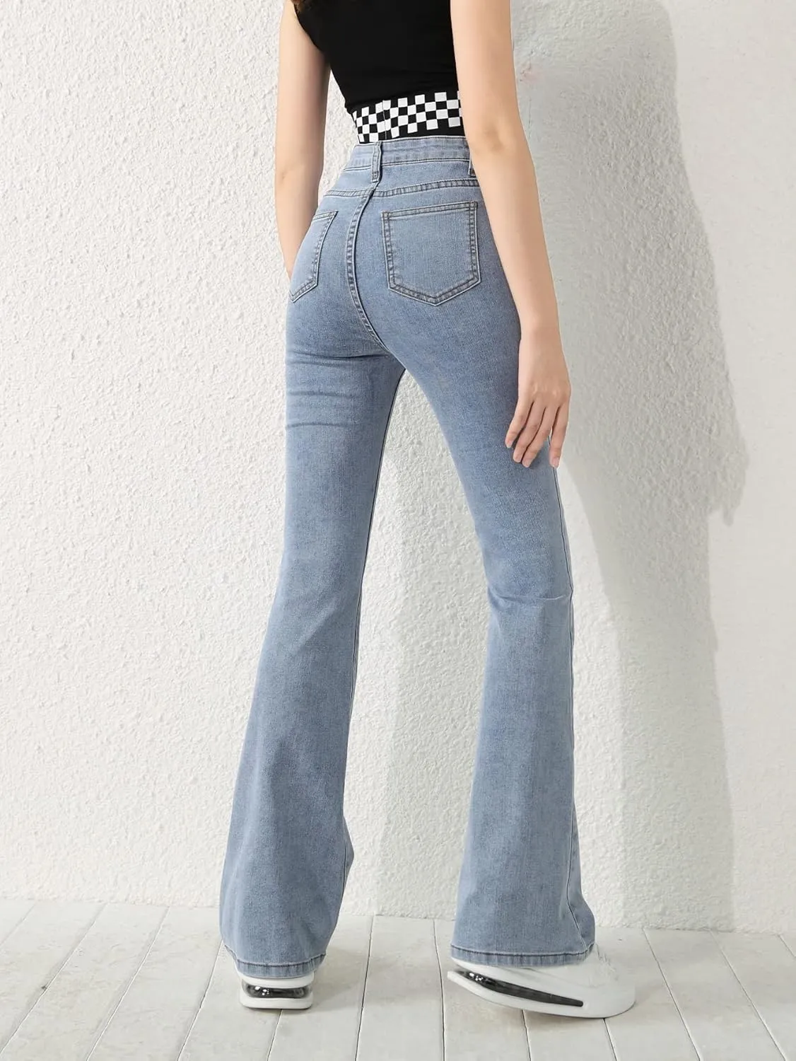 SweatyRocks Girl's Casual High Waist Solid Denim Pants Stretchy Flare Leg Jeans with Pocket