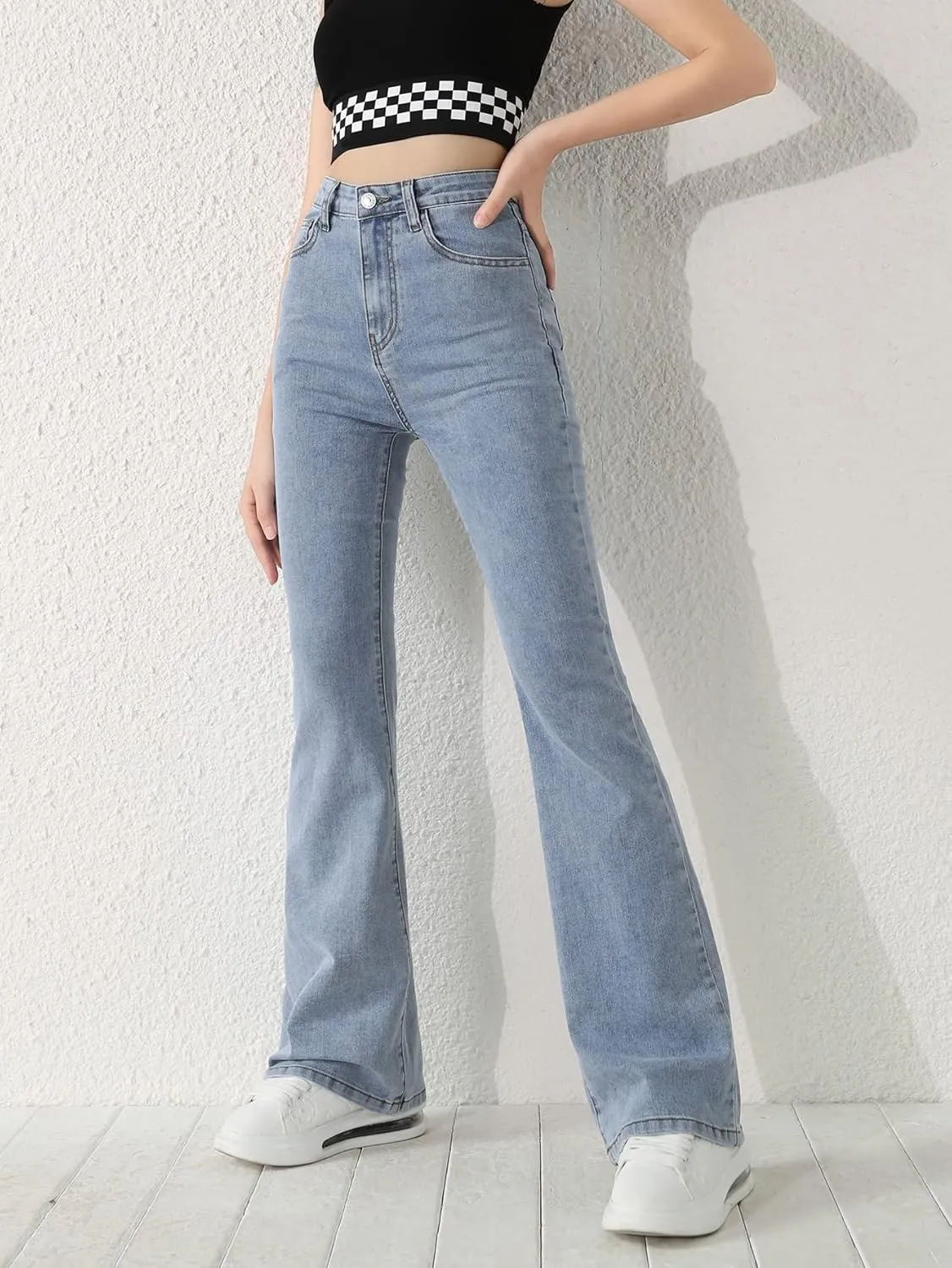SweatyRocks Girl's Casual High Waist Solid Denim Pants Stretchy Flare Leg Jeans with Pocket