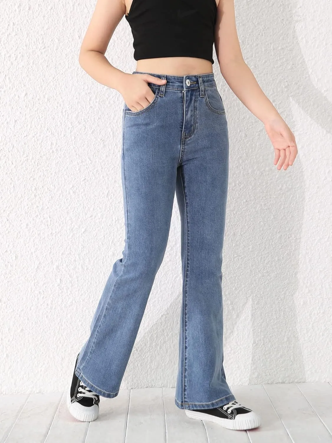 SweatyRocks Girl's Casual High Waist Solid Denim Pants Stretchy Flare Leg Jeans with Pocket