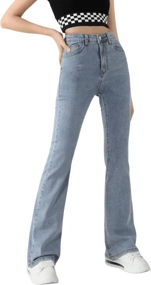 SweatyRocks Girl's Casual High Waist Solid Denim Pants Stretchy Flare Leg Jeans with Pocket