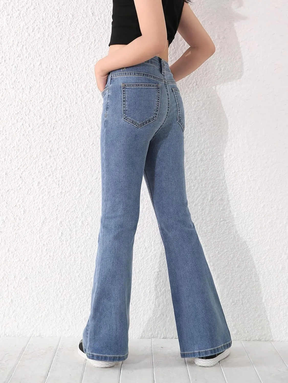 SweatyRocks Girl's Casual High Waist Solid Denim Pants Stretchy Flare Leg Jeans with Pocket