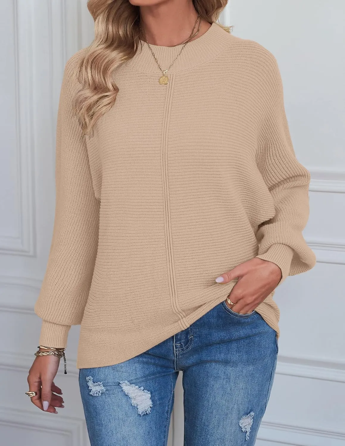 TECREW Women's Batwing Long Sleeve Crew Neck Pullover Sweater Soft Ribbed Knit Sweater Top