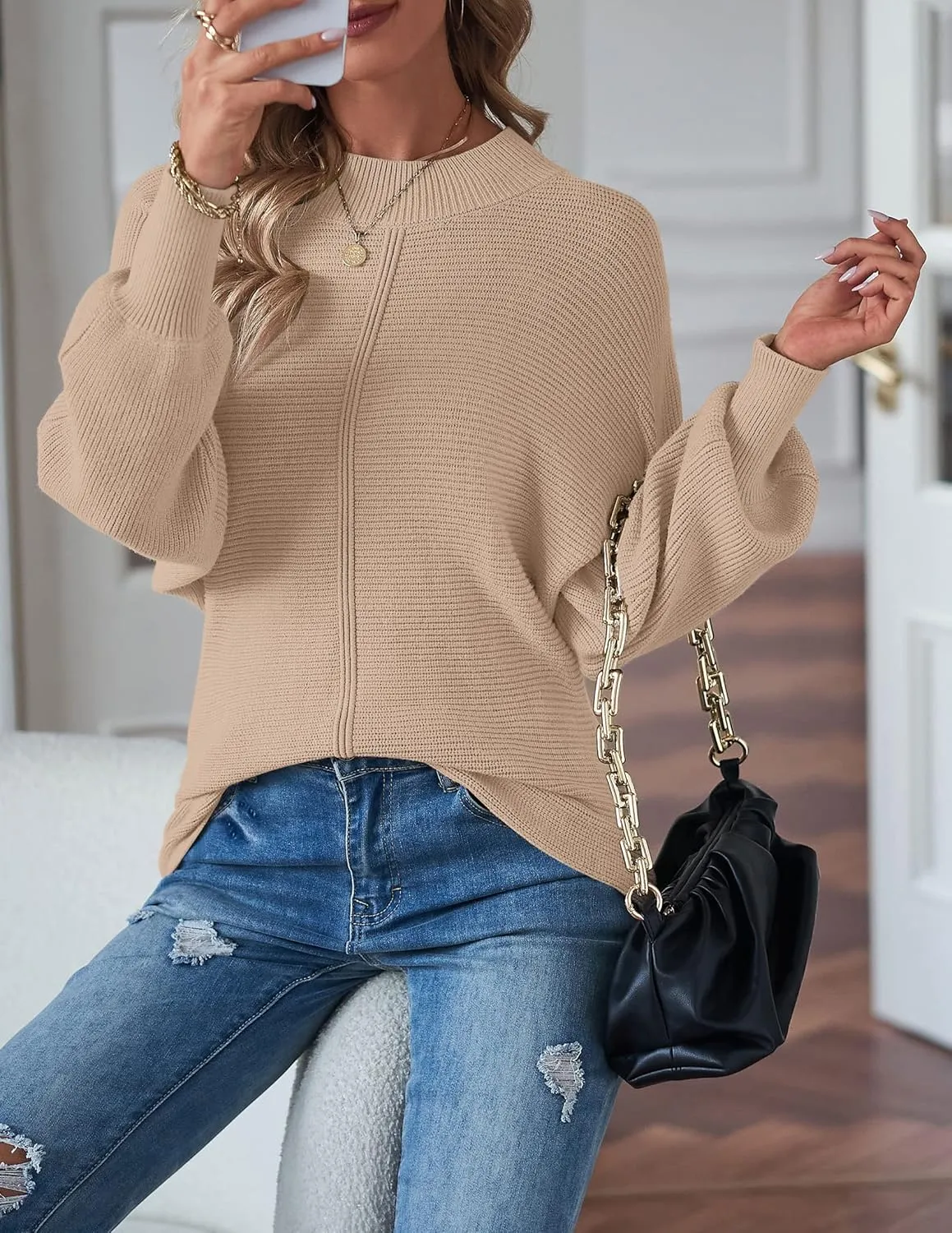 TECREW Women's Batwing Long Sleeve Crew Neck Pullover Sweater Soft Ribbed Knit Sweater Top