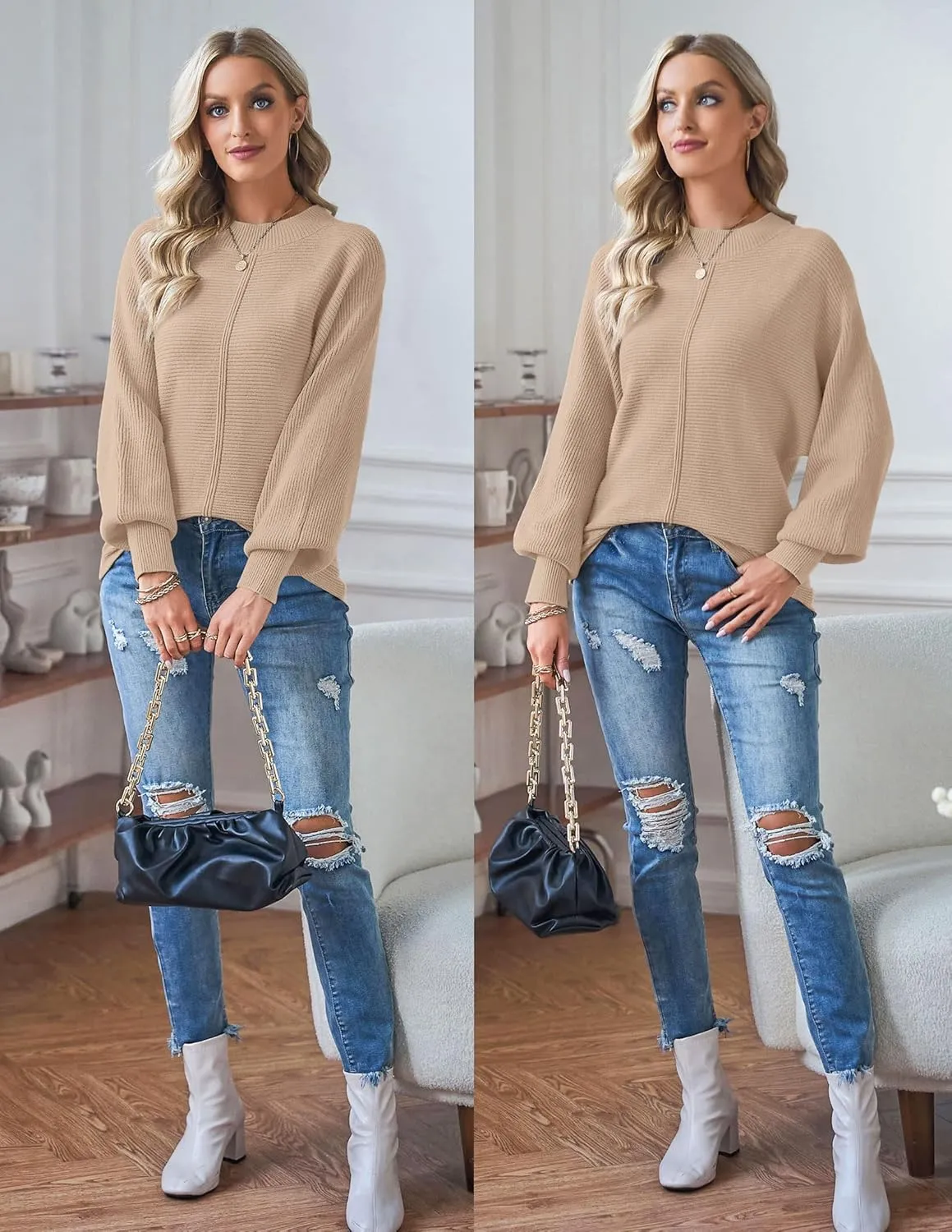 TECREW Women's Batwing Long Sleeve Crew Neck Pullover Sweater Soft Ribbed Knit Sweater Top