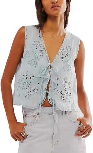 Tie Front Tops for Women Sleeveless V Neck Eyelet Embroidered Tank Y2k Sexy Cute Going Out Crop Vest Shirt