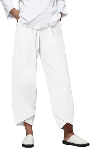 Trendy Summer Capri Pants for Women Cotton Linen Loose Fit Elastic Waisted Wide Leg Cropped Lounge Trousers White