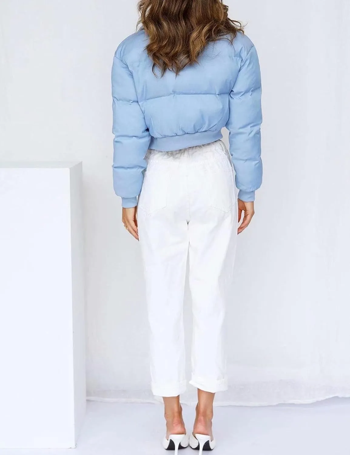Uaneo Womens Cropped Puffer Jacket Stand Collar Zip Up Winter Padded Down Coats