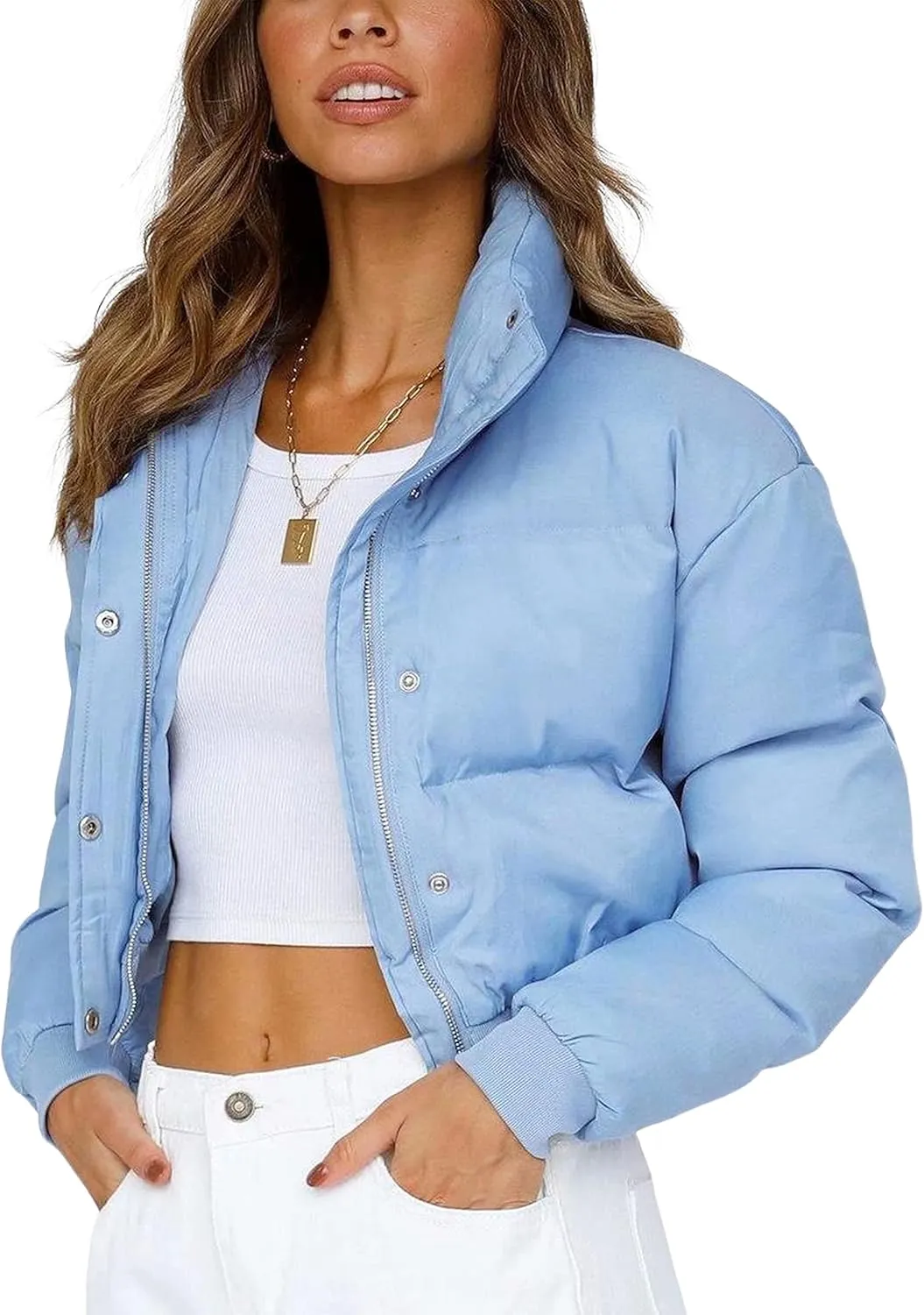 Uaneo Womens Cropped Puffer Jacket Stand Collar Zip Up Winter Padded Down Coats