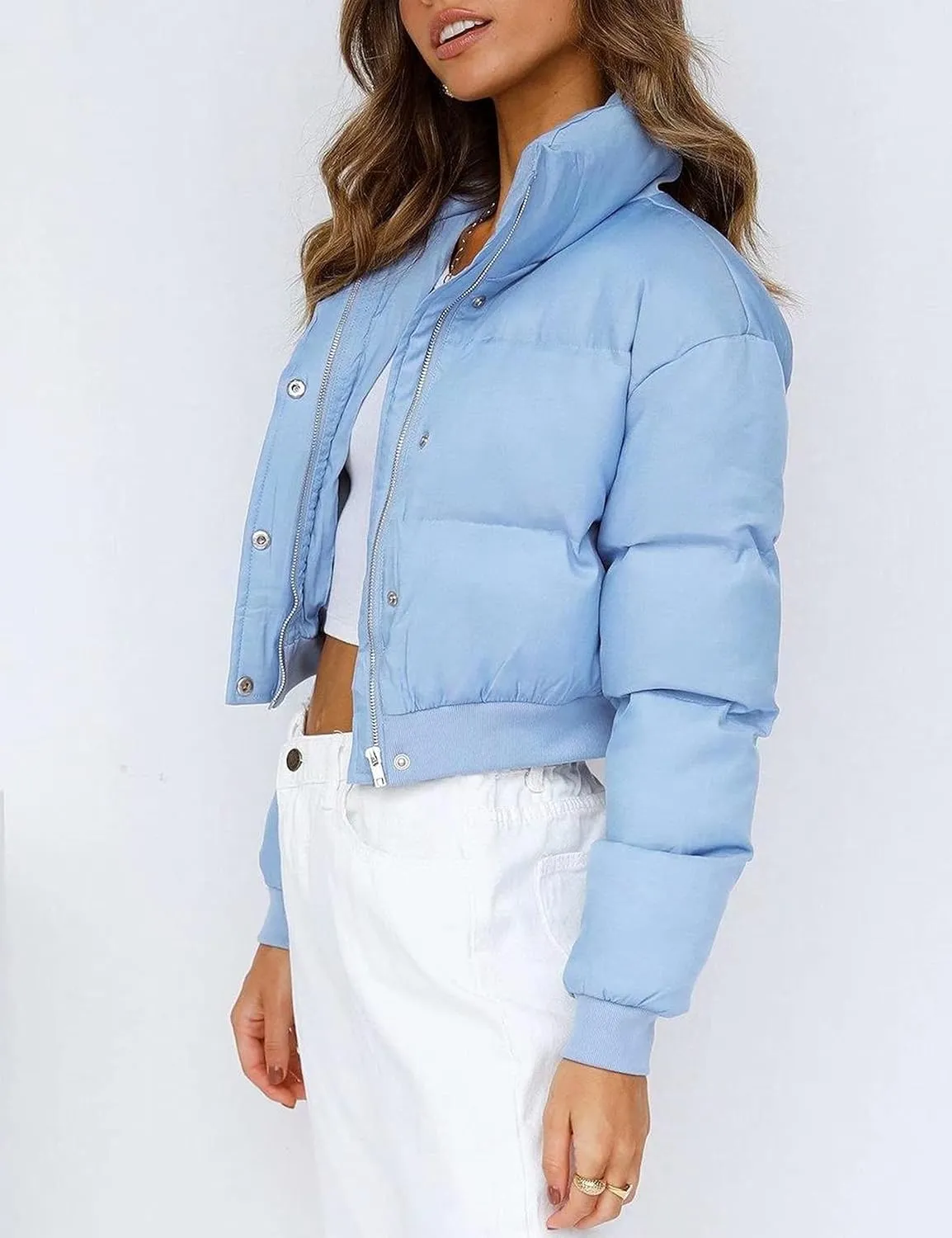 Uaneo Womens Cropped Puffer Jacket Stand Collar Zip Up Winter Padded Down Coats