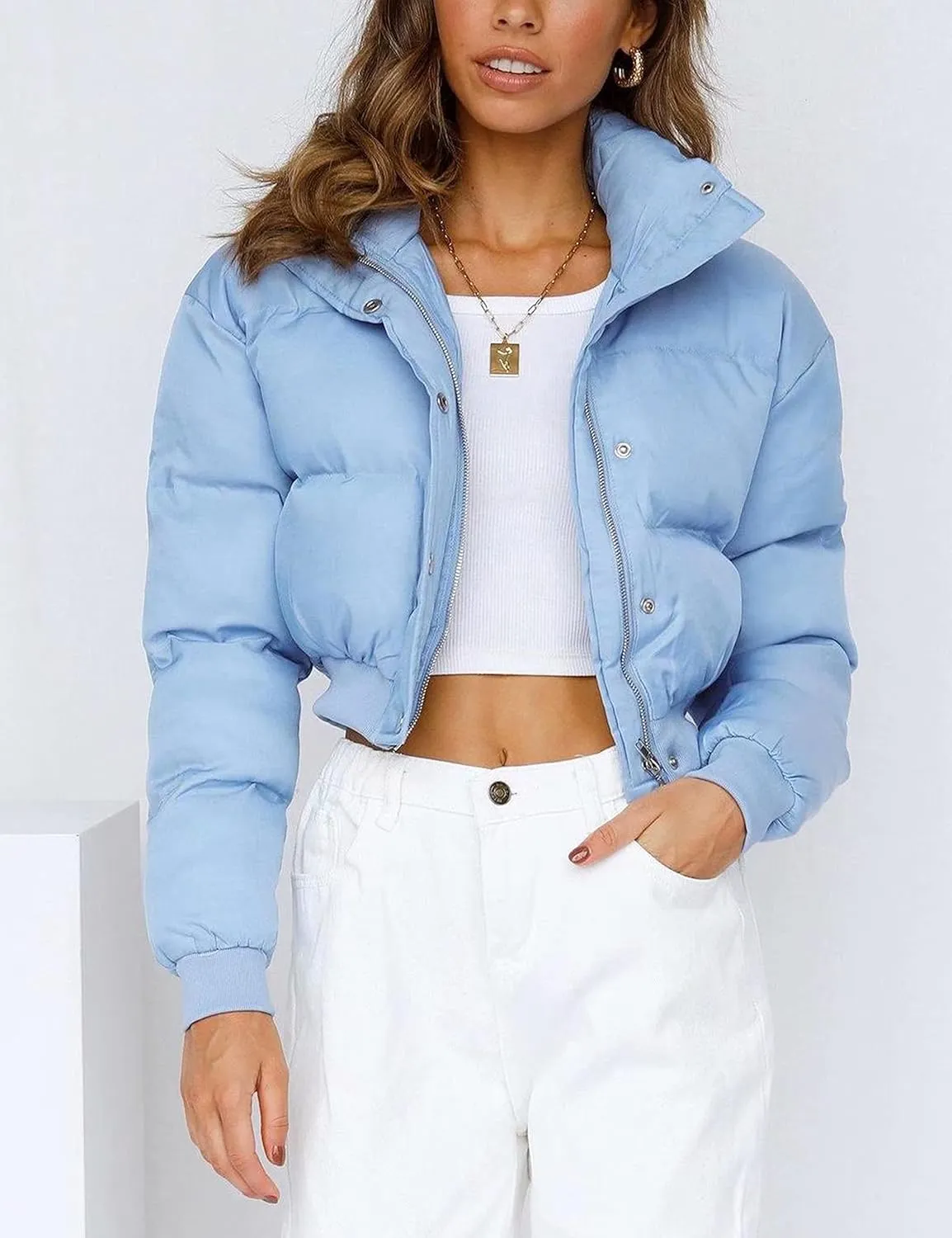 Uaneo Womens Cropped Puffer Jacket Stand Collar Zip Up Winter Padded Down Coats