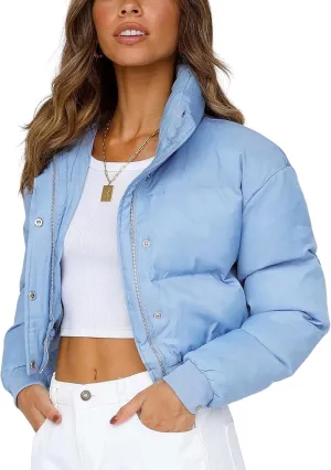 Uaneo Womens Cropped Puffer Jacket Stand Collar Zip Up Winter Padded Down Coats