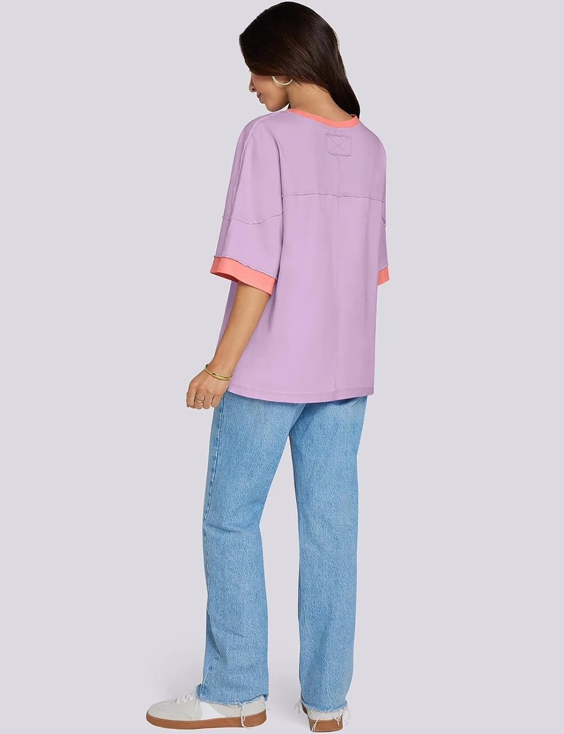 UEU Women's Short 3/4 Sleeve Oversized T Shirts Cotton Tops Summer Casual Tshirts Tee Basic Color Block Trendy Clothes
