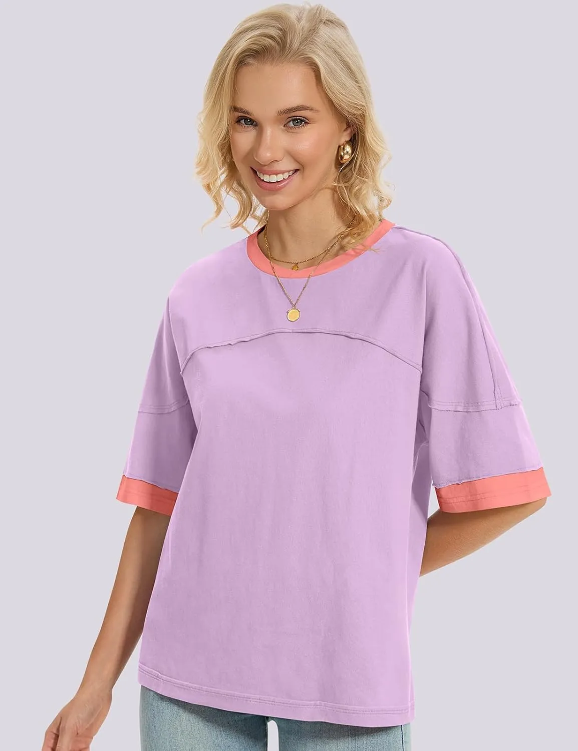 UEU Women's Short 3/4 Sleeve Oversized T Shirts Cotton Tops Summer Casual Tshirts Tee Basic Color Block Trendy Clothes