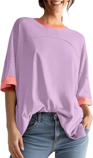 UEU Women's Short 3/4 Sleeve Oversized T Shirts Cotton Tops Summer Casual Tshirts Tee Basic Color Block Trendy Clothes