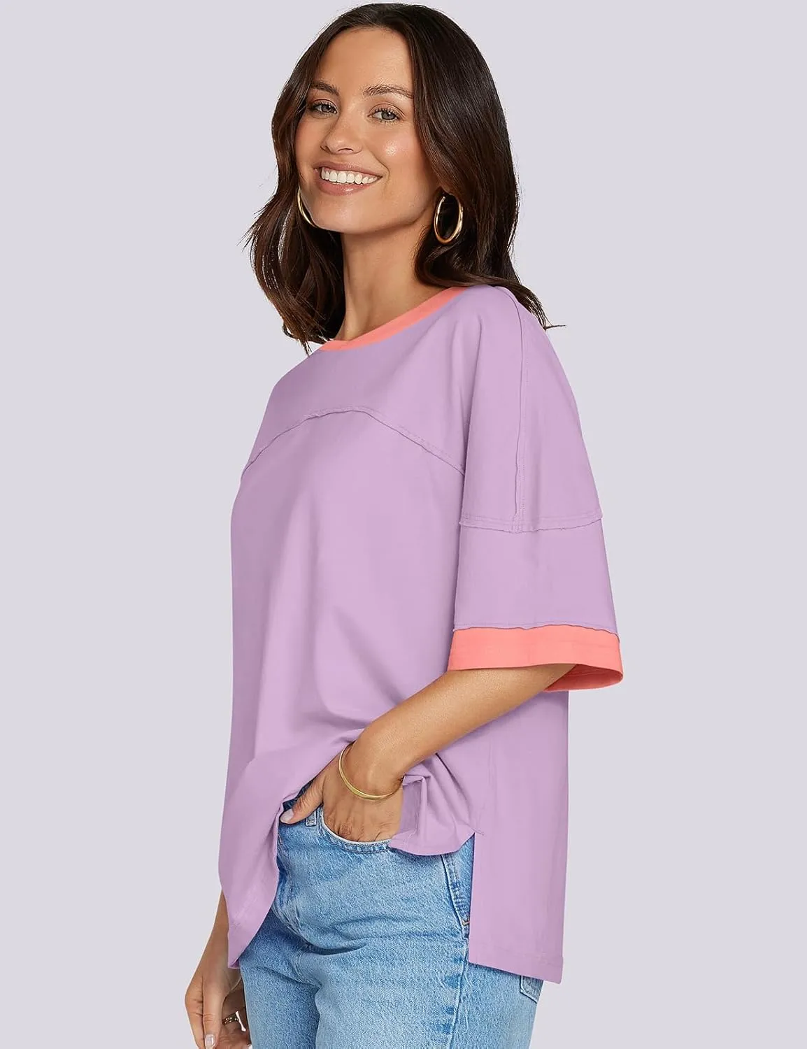 UEU Women's Short 3/4 Sleeve Oversized T Shirts Cotton Tops Summer Casual Tshirts Tee Basic Color Block Trendy Clothes