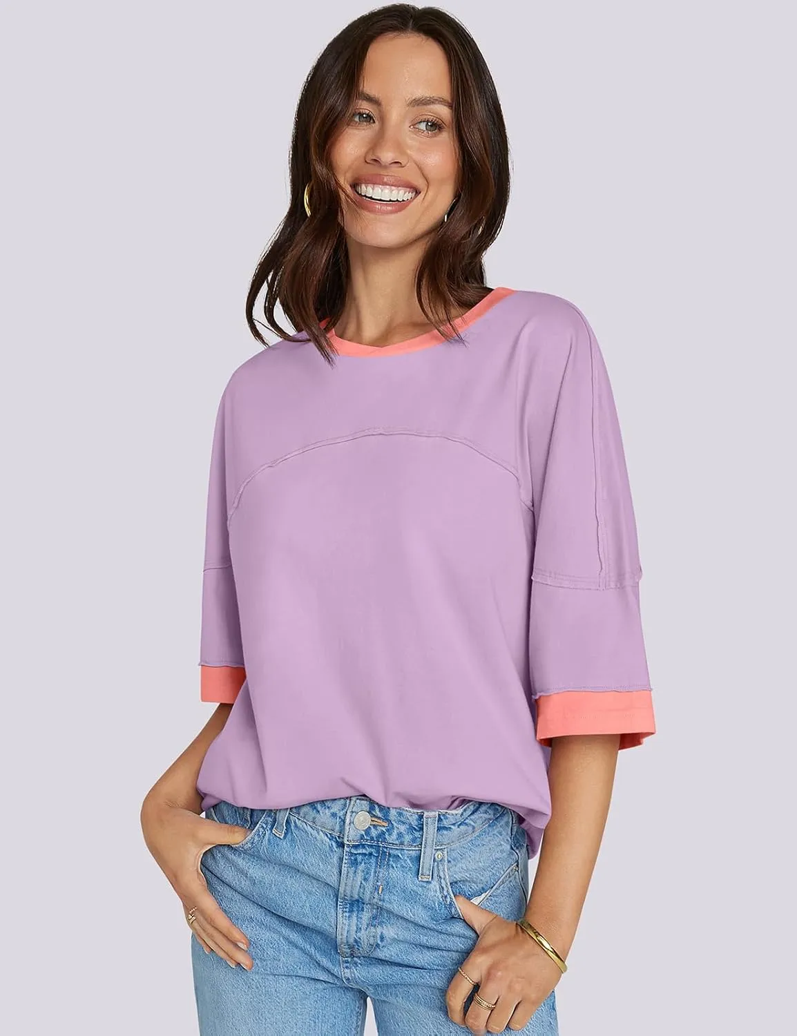 UEU Women's Short 3/4 Sleeve Oversized T Shirts Cotton Tops Summer Casual Tshirts Tee Basic Color Block Trendy Clothes