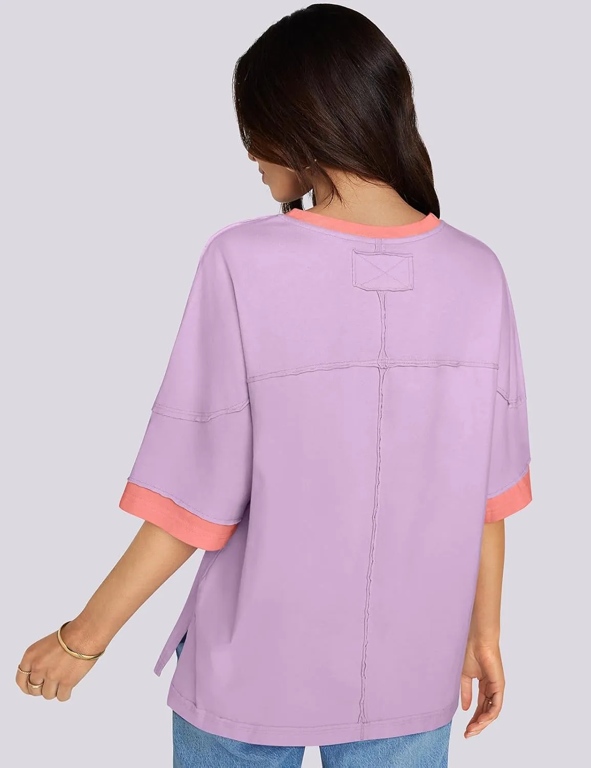 UEU Women's Short 3/4 Sleeve Oversized T Shirts Cotton Tops Summer Casual Tshirts Tee Basic Color Block Trendy Clothes