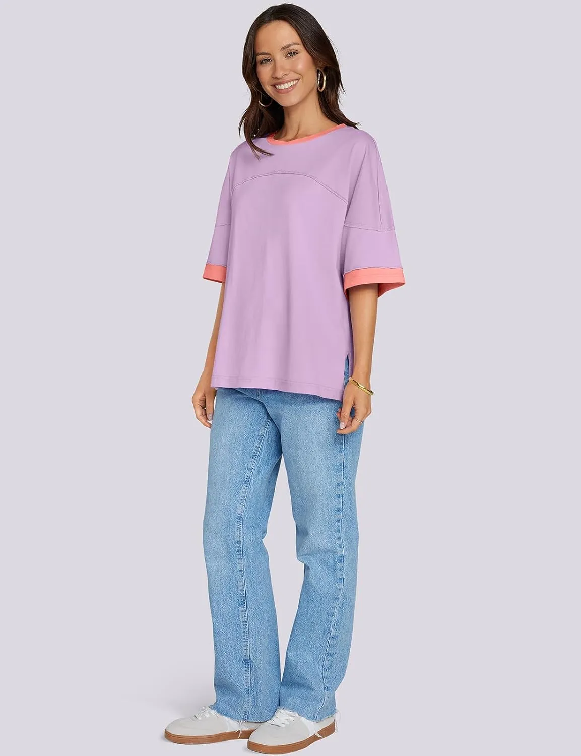 UEU Women's Short 3/4 Sleeve Oversized T Shirts Cotton Tops Summer Casual Tshirts Tee Basic Color Block Trendy Clothes