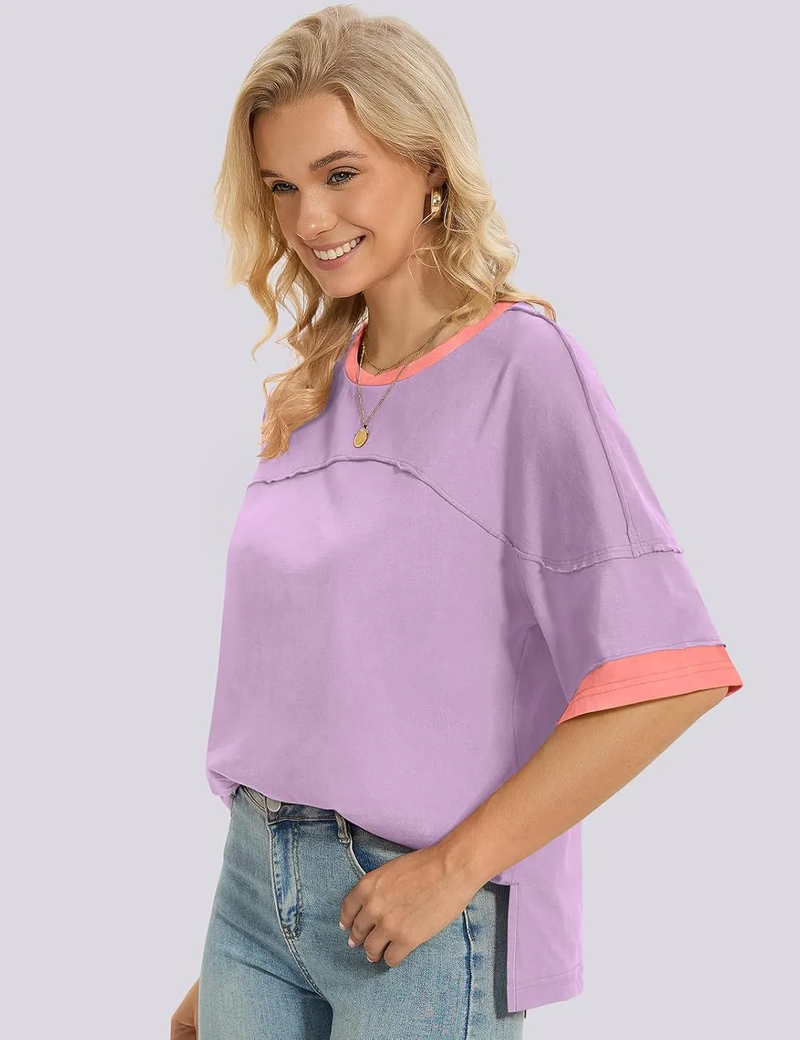 UEU Women's Short 3/4 Sleeve Oversized T Shirts Cotton Tops Summer Casual Tshirts Tee Basic Color Block Trendy Clothes