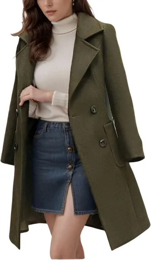utcoco Women's Elegant Wool Blend Mid-Long Coat Notch Lapel Double Breasted Jacket Outwear