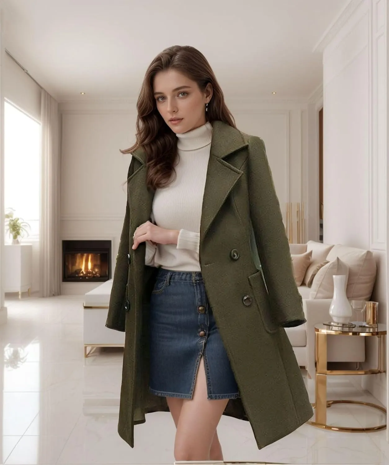 utcoco Women's Elegant Wool Blend Mid-Long Coat Notch Lapel Double Breasted Jacket Outwear