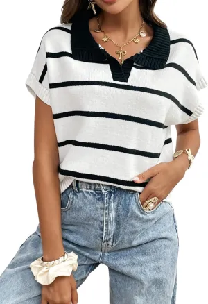 Verdusa Women's Casual Knit Short Sleeve Sweaters Turndown Collar Oversized Striped Tops