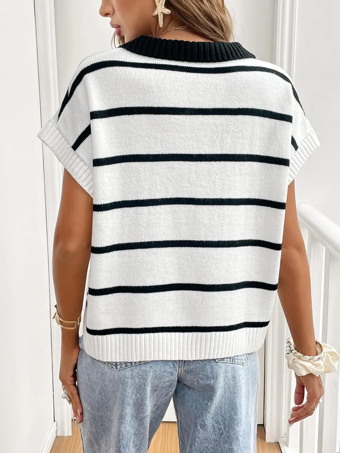 Verdusa Women's Casual Knit Short Sleeve Sweaters Turndown Collar Oversized Striped Tops