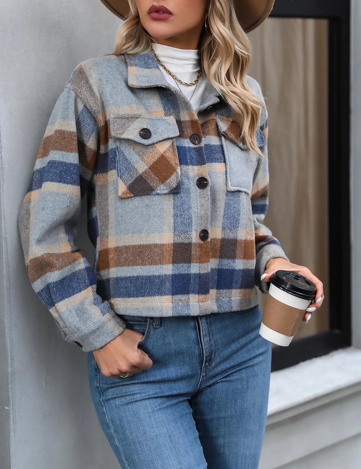 Wanzetaly Womens Cropped Plaid Shacket Jacket Flannel Wool Blend Lapel Button Down Jackets