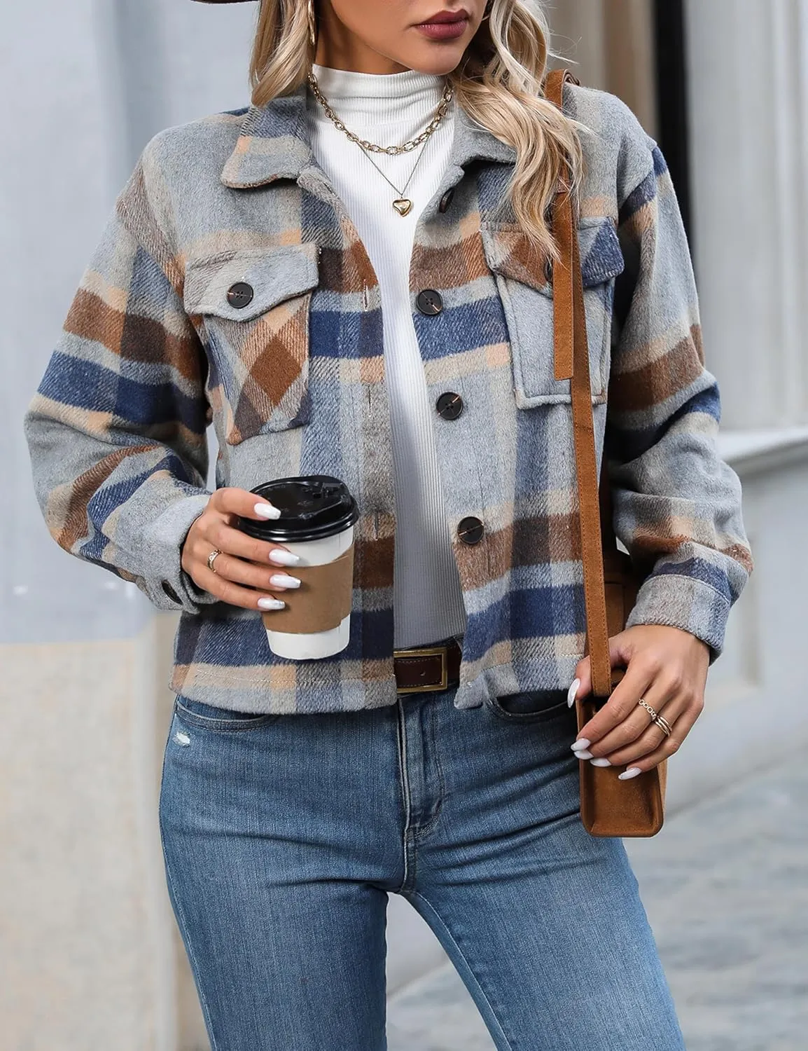 Wanzetaly Womens Cropped Plaid Shacket Jacket Flannel Wool Blend Lapel Button Down Jackets