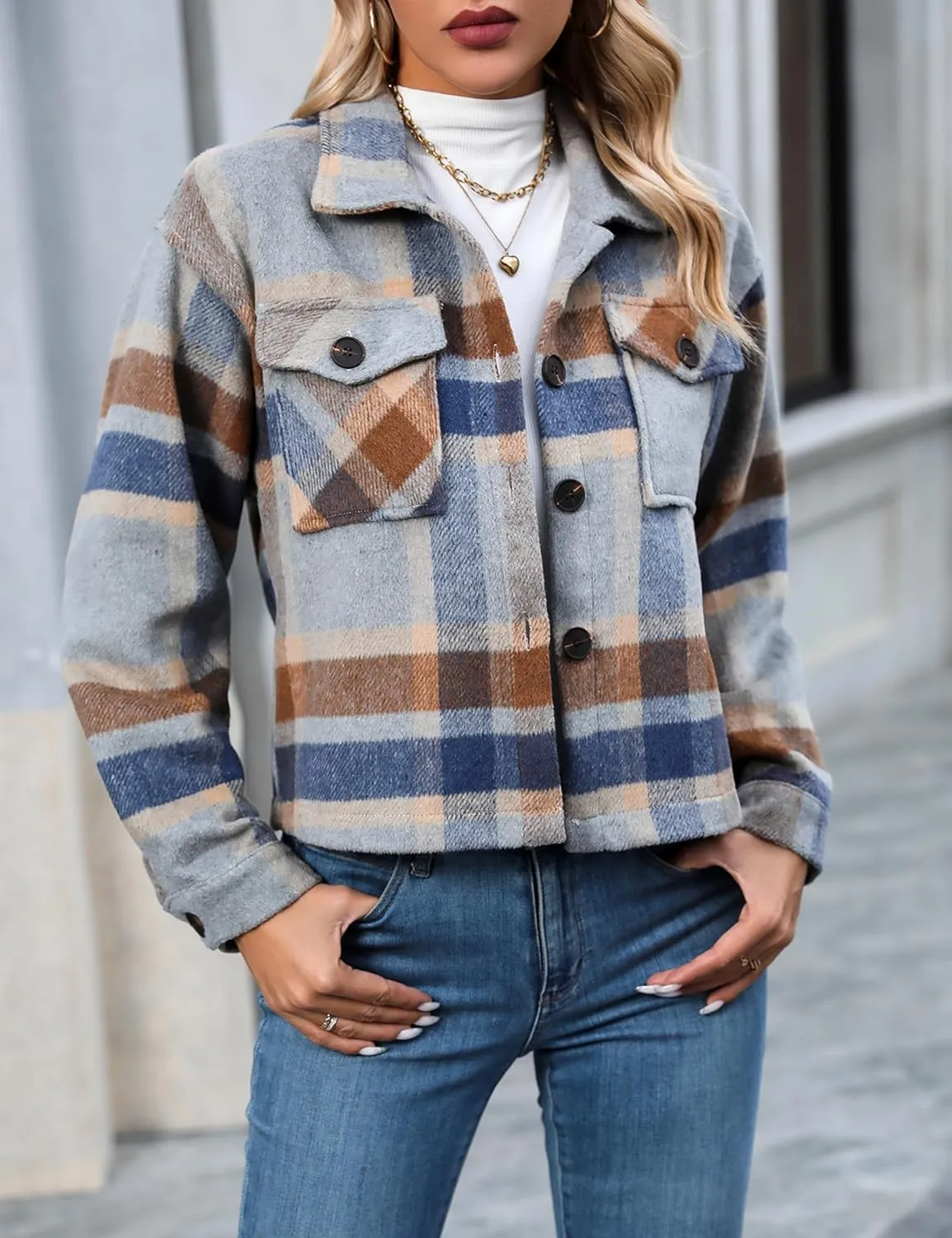 Wanzetaly Womens Cropped Plaid Shacket Jacket Flannel Wool Blend Lapel Button Down Jackets