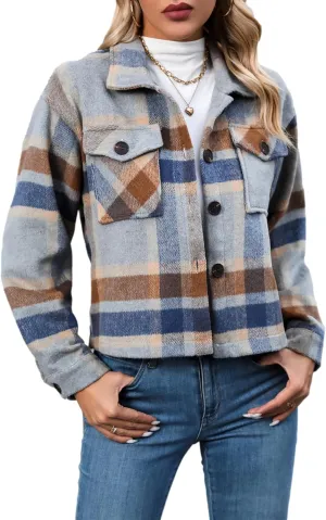 Wanzetaly Womens Cropped Plaid Shacket Jacket Flannel Wool Blend Lapel Button Down Jackets