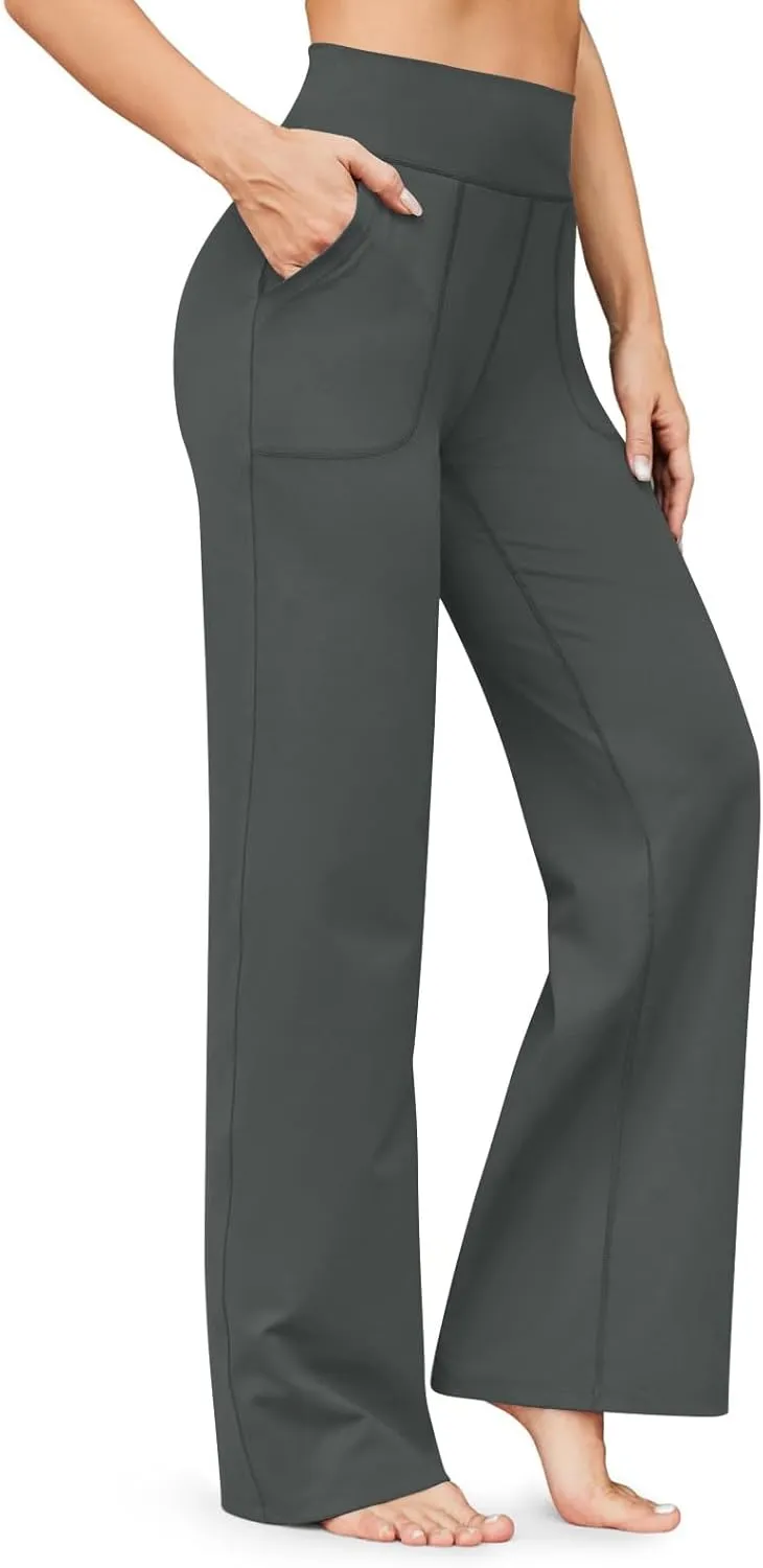 Wide Leg Yoga Pants for Women High Waist Bootcut Straight Leg Yoga Pants with Pockets Butt Lifting Yoga Flare Leggings