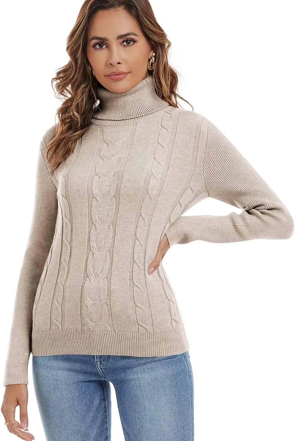 Wkior Women's Long Sleeve Turtleneck Cozy Knit Sweater Casual Loose Fashion Pullover Jumper Tops