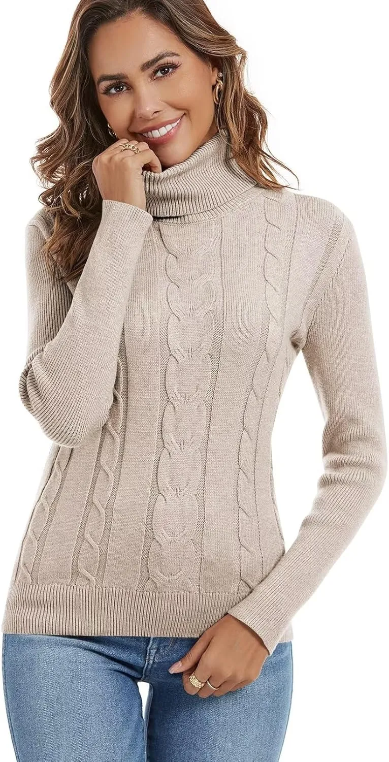 Wkior Women's Long Sleeve Turtleneck Cozy Knit Sweater Casual Loose Fashion Pullover Jumper Tops