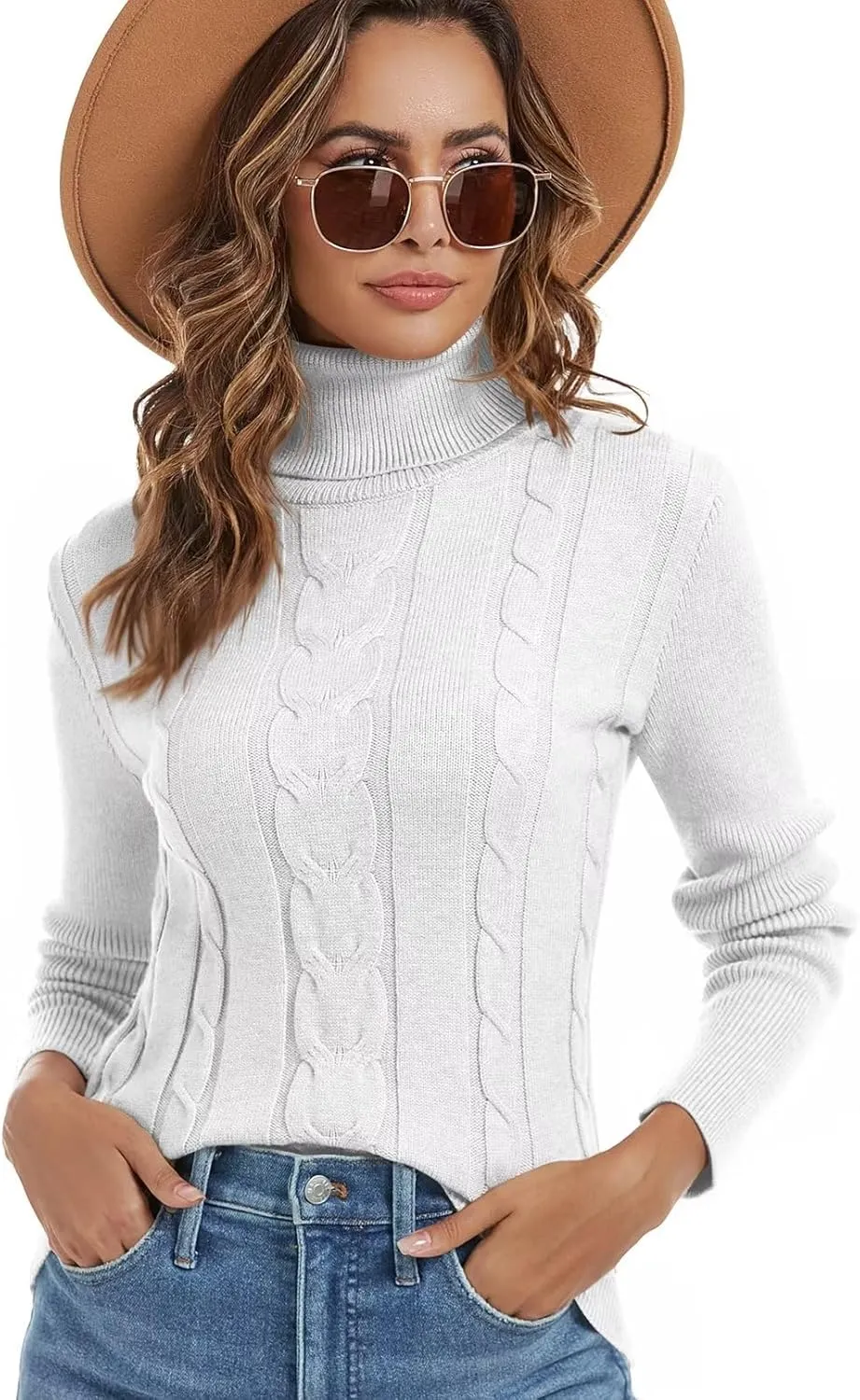 Wkior Women's Long Sleeve Turtleneck Cozy Knit Sweater Casual Loose Fashion Pullover Jumper Tops